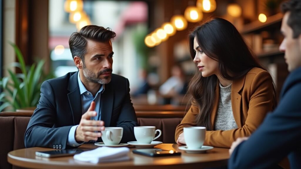 man is speaking in cafe and trying to sound reasonable and smart