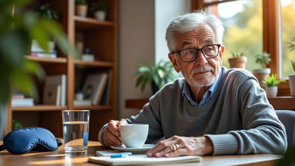 An adult pushes a coffee aside and reaches for water at a desk in afternoon light.