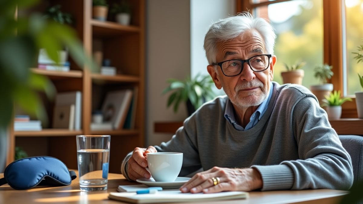 An adult pushes a coffee aside and reaches for water at a desk in afternoon light.
