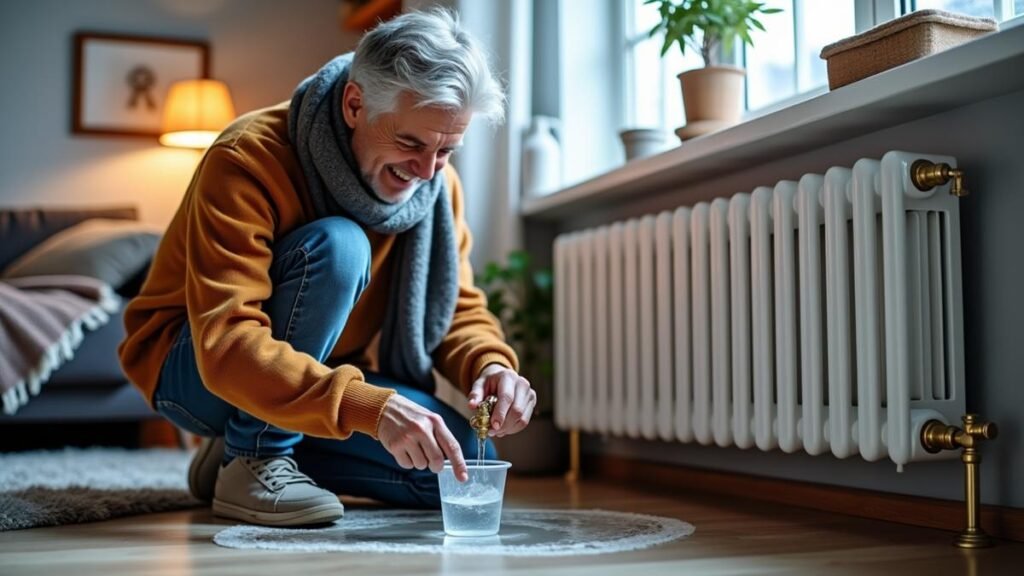 A person bleeds a radiator with a key as warm air begins to circulate in a cozy room.