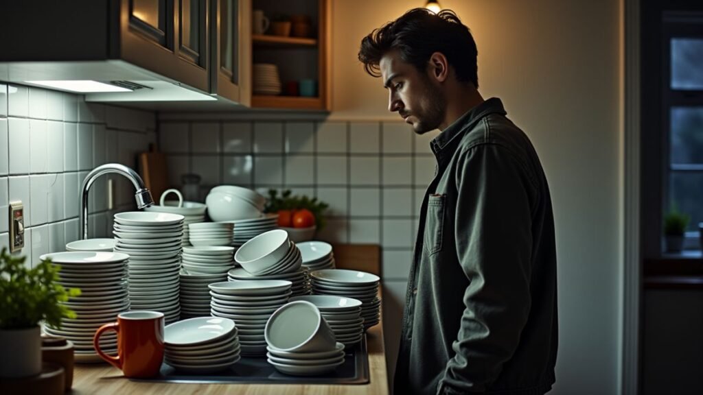 An overflowing sink of dishes sits in the foreground as a tired person stands nearby