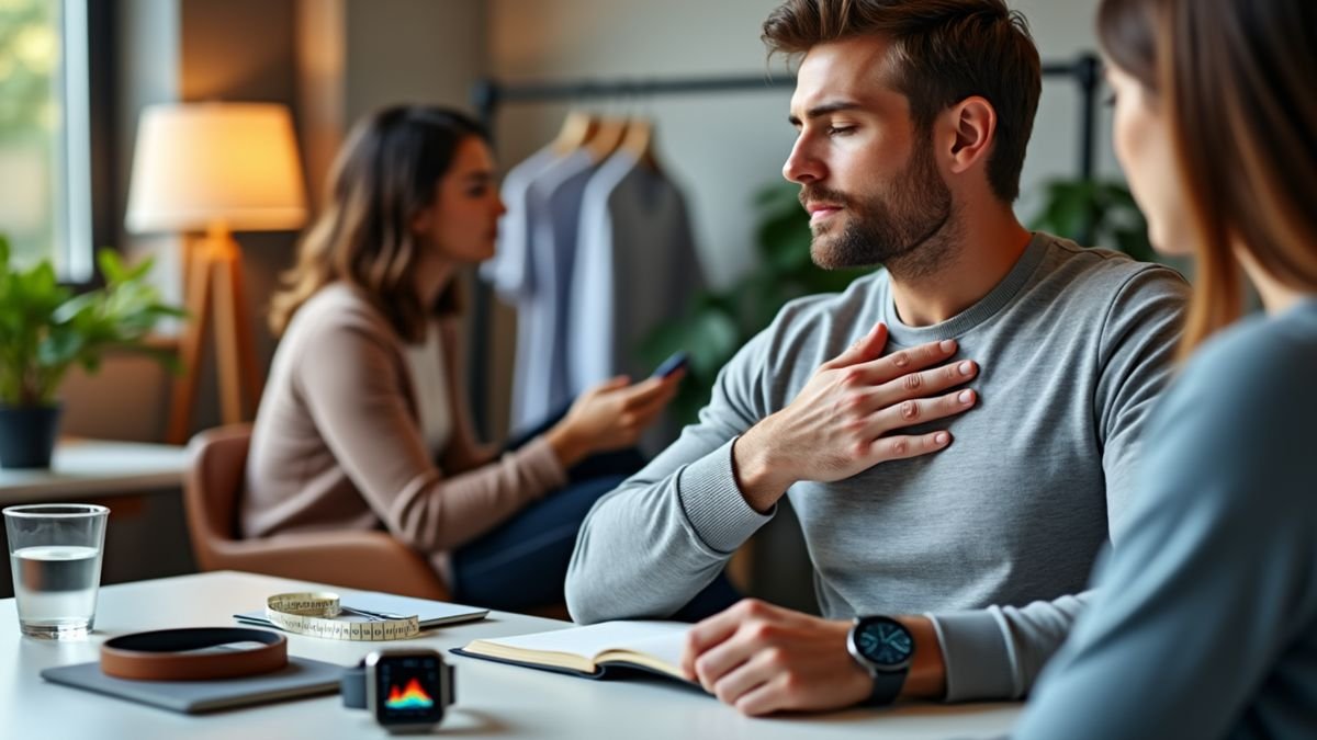 A person practices calm emotional regulation beside a journal and a subtle progress cue