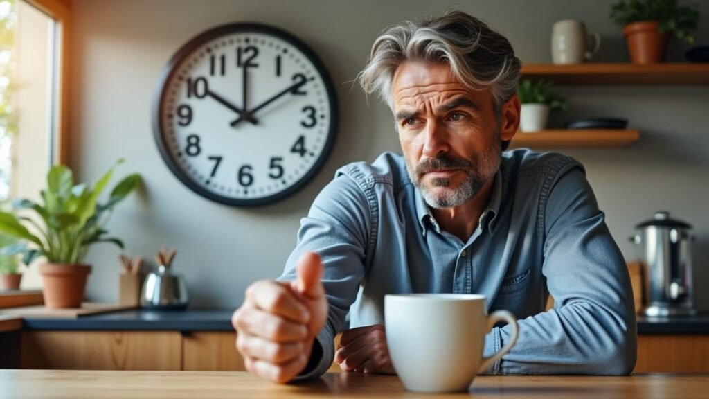 A hand moves a coffee cup away from a late-afternoon clock as sunlight hits a thoughtful face.