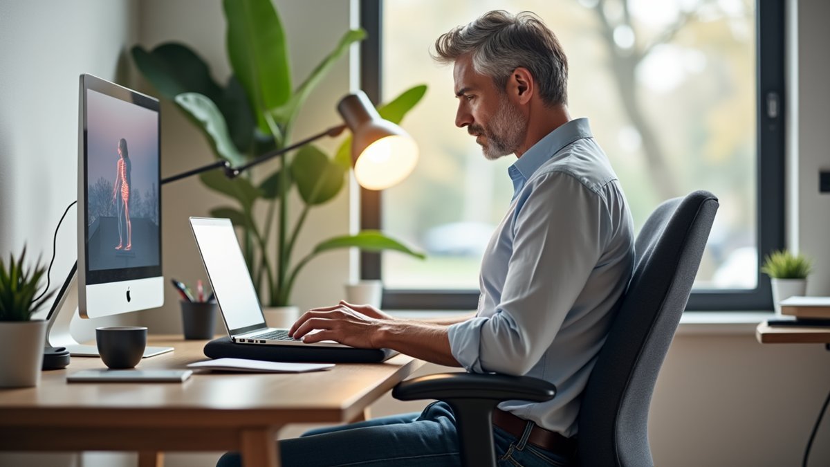 A person fixes a slouched desk posture using a lumbar cushion and a laptop stand.