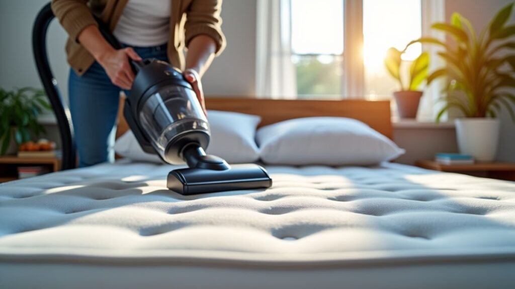 A person vacuums a bare mattress with an upholstery attachment and prepares a protective cover.