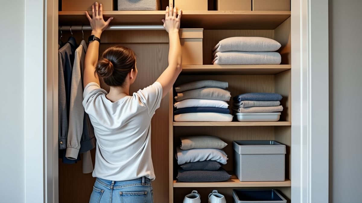 Hands adjust closet shelves with three neatly spaced levels visible inside the wardrobe.