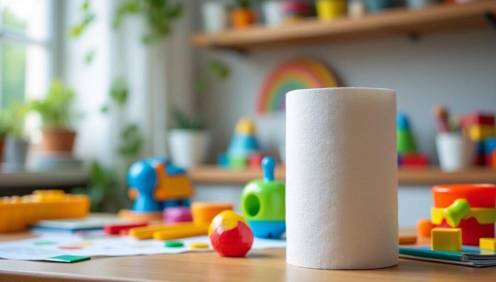 paper towel roll and colourful toys on kitchen table