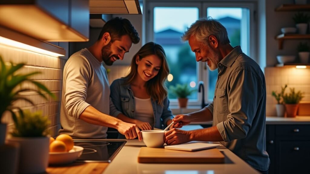 people quietly reconnect in the kitchen, showing care through a small everyday gesture.