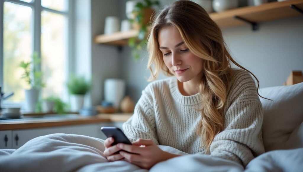 woman looking at the phone screen