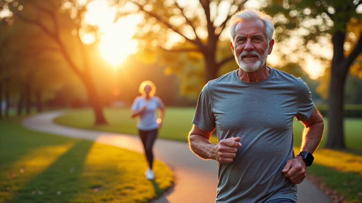 An older adult walks energetically along a park path in warm evening light.