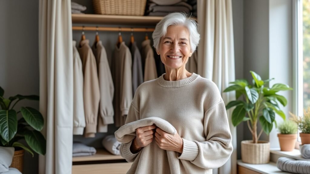 An older adult calmly folds a sweater beside a small capsule wardrobe in a tidy bedroom.