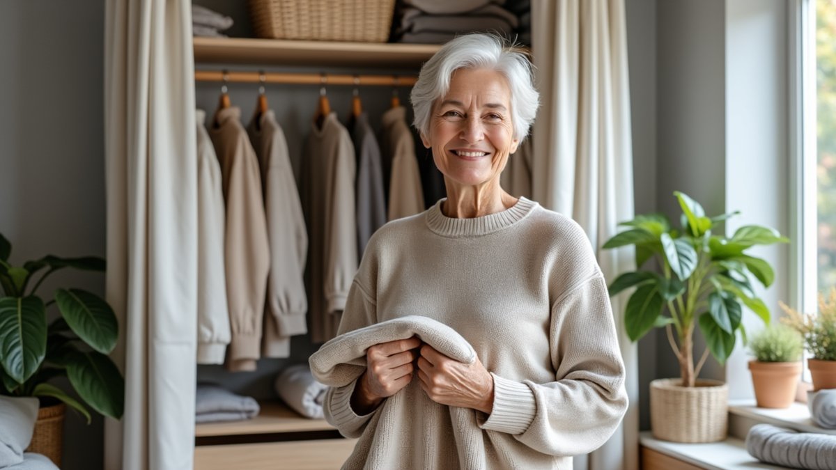 An older adult calmly folds a sweater beside a small capsule wardrobe in a tidy bedroom.