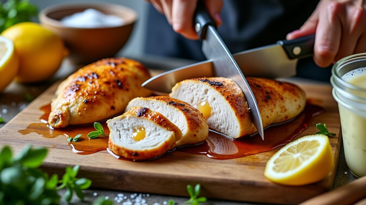 A juicy chicken breast is sliced on a board beside a simple marinade setup