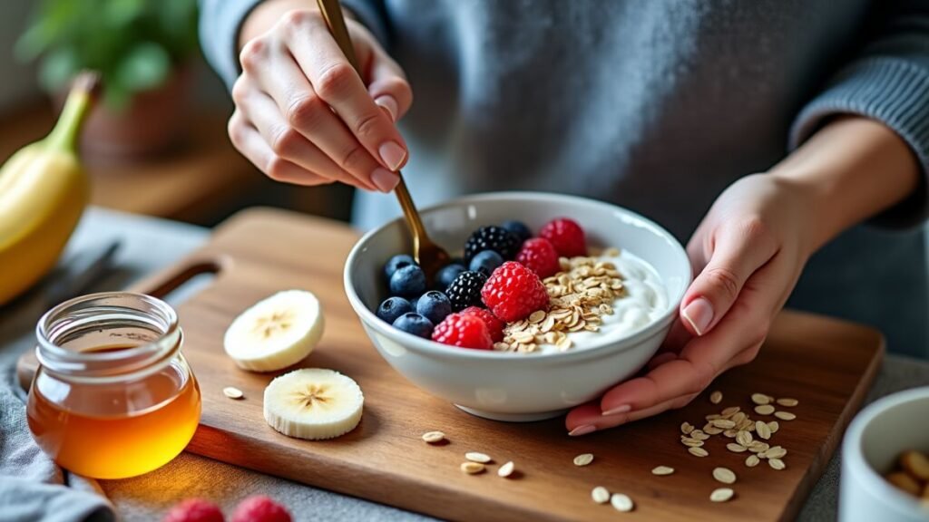 A quick healthy snack bowl is made with yogurt, berries, oats, and nuts.