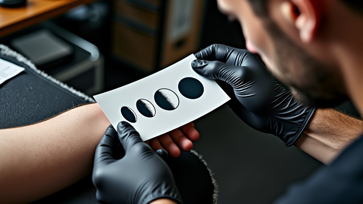 A tattoo artist positions a moon-phase stencil near a client’s forearm in soft light.