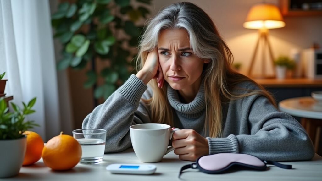 A tired person sits with a warm mug and simple wellness items on a table.