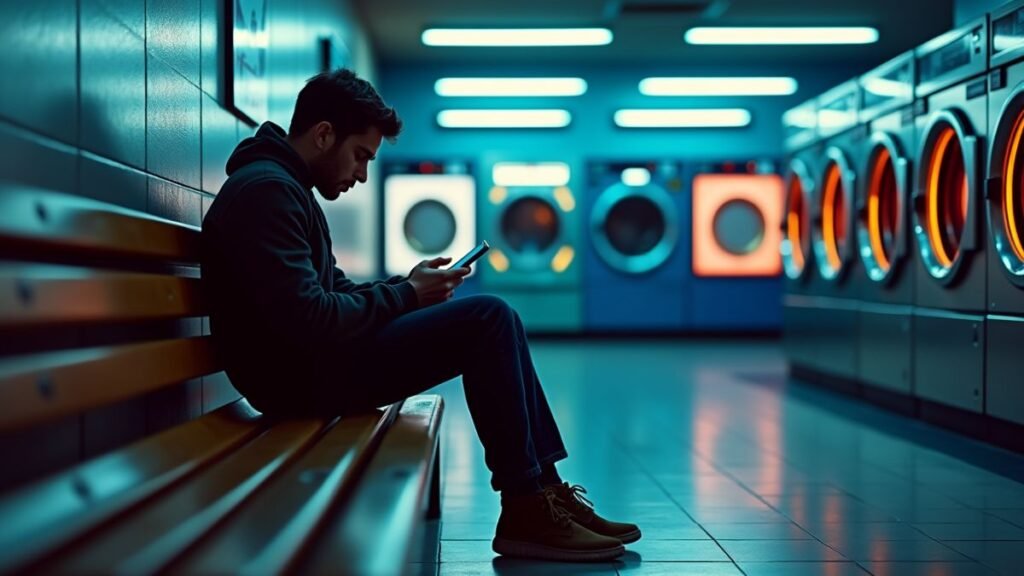 A person waits alone in a laundromat at night, repeatedly checking a silent phone.