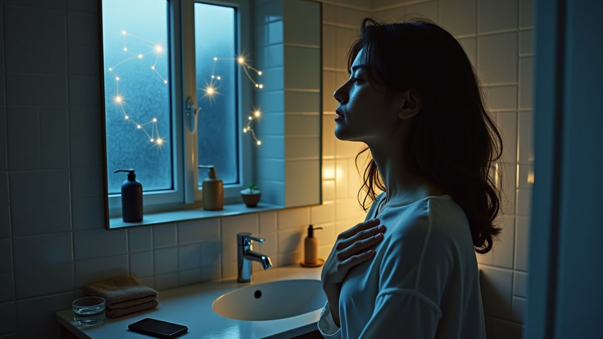 woman looking in the bathroom window in the night