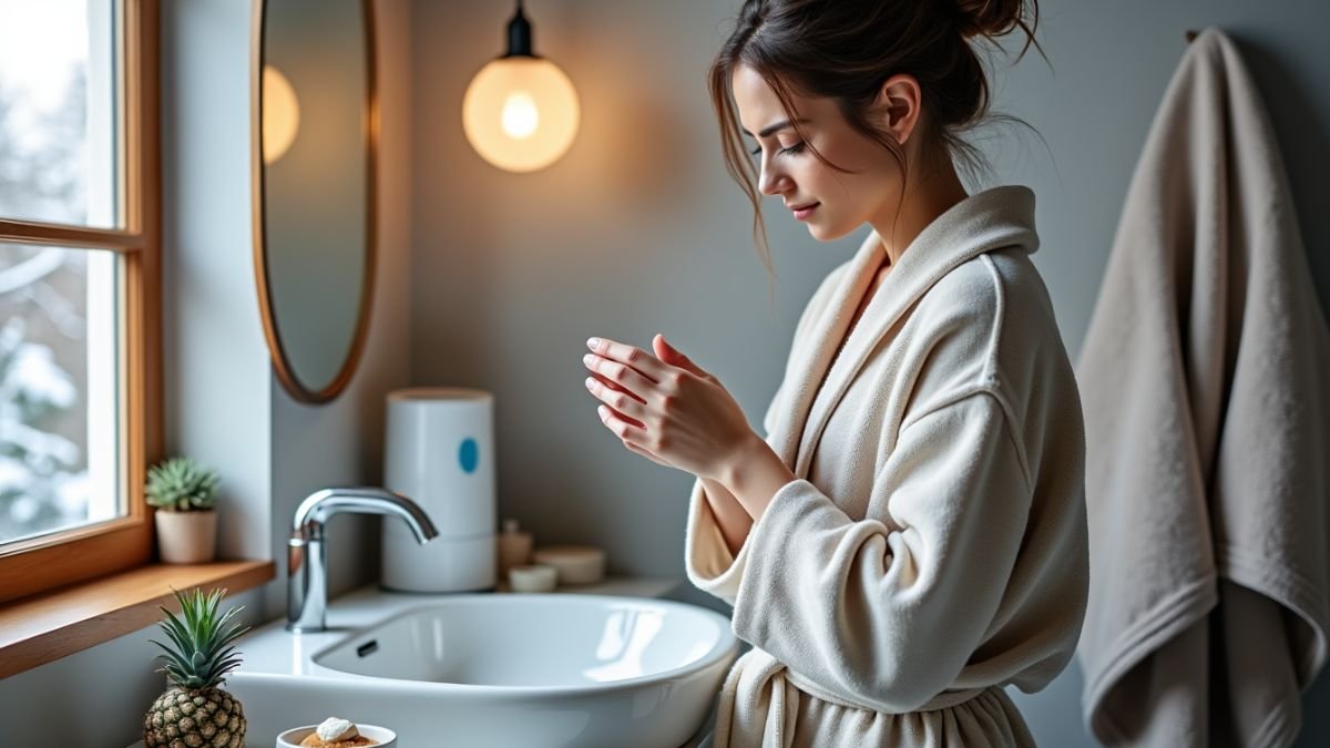 A person moisturizes dry winter skin beside a bathroom sink.