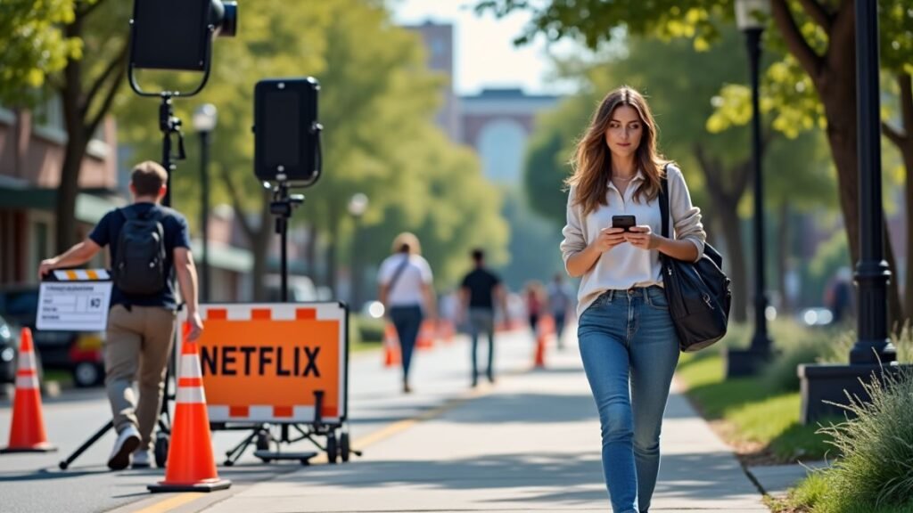A student walks past a blocked sidewalk and film equipment on a campus street in summer.