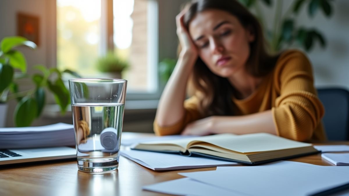 woman caught sitting unfocused in the background of close up image of glass of water