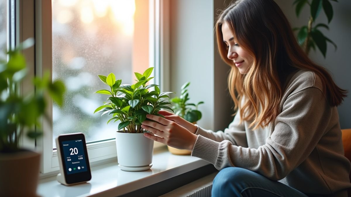 woman at the window with small plant