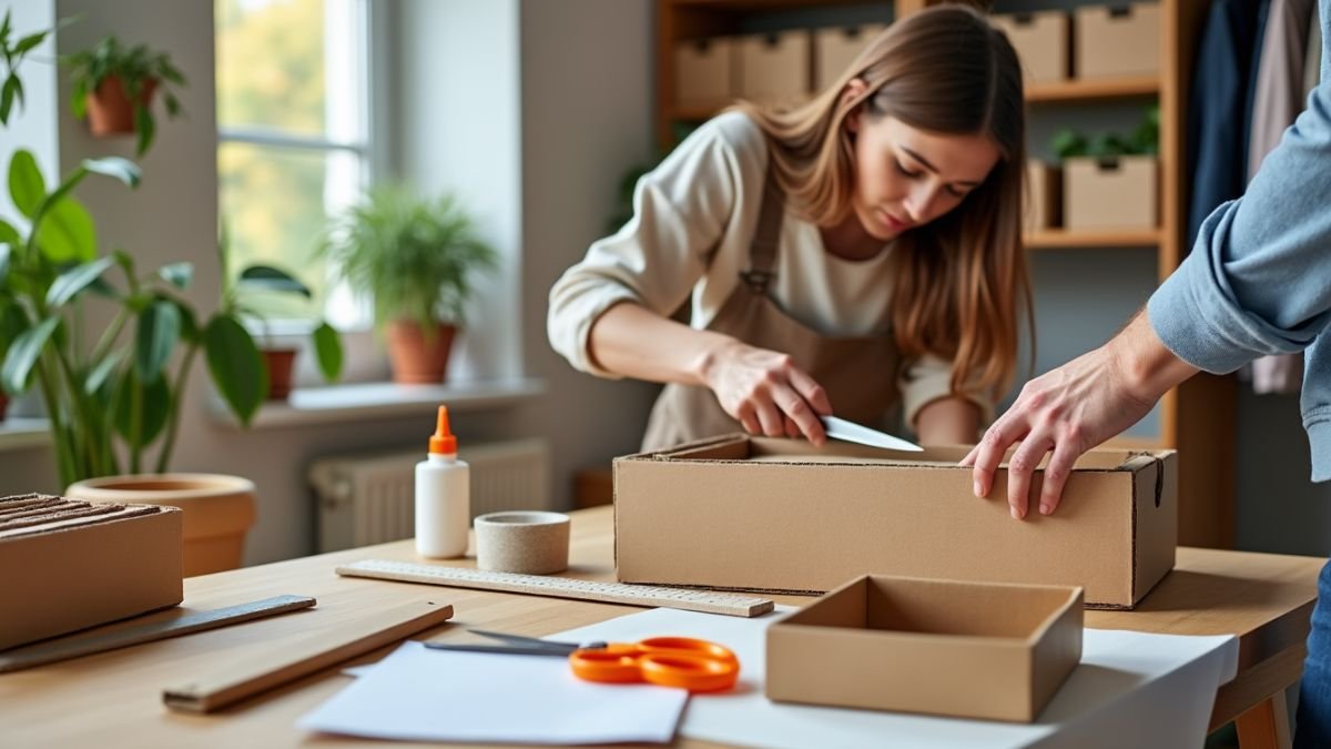 woman is working with cardboard piece