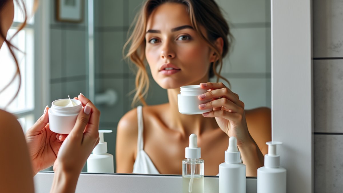 Hands reach for a face cream while a serum dropper sits unused beside it.