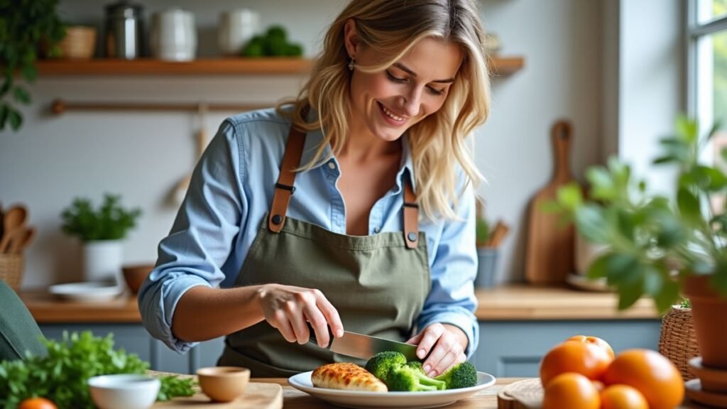 A person prepares a balanced meal with everyday healthy-habit items arranged on the counter.