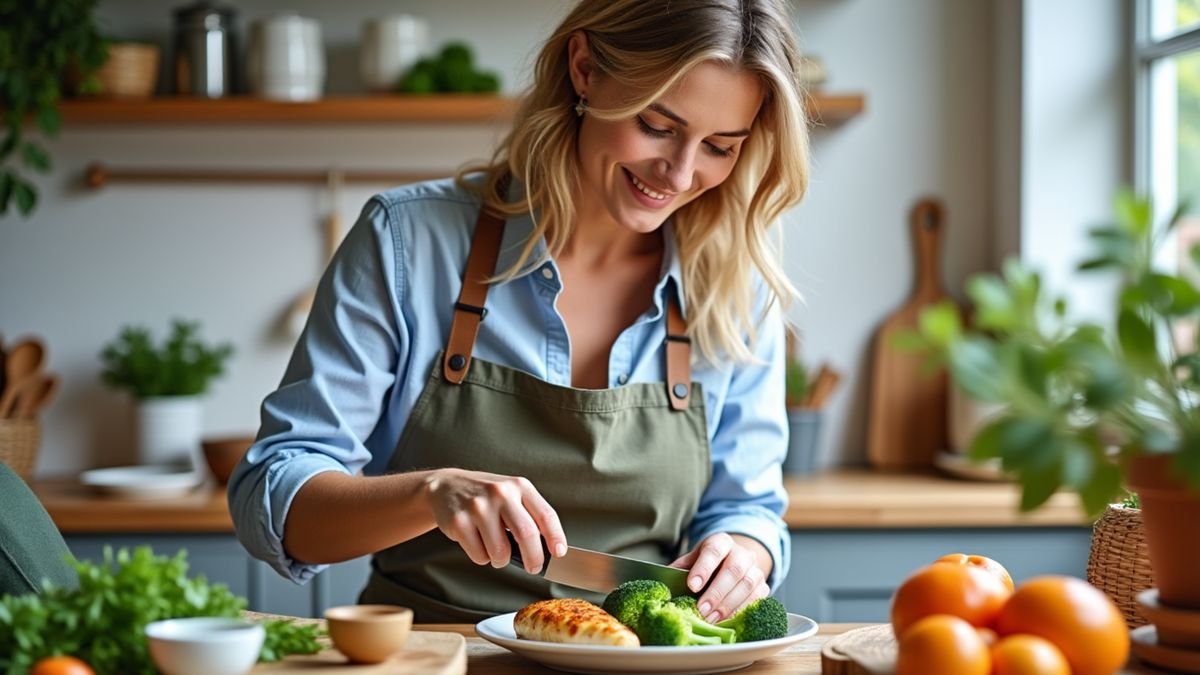 A person prepares a balanced meal with everyday healthy-habit items arranged on the counter.