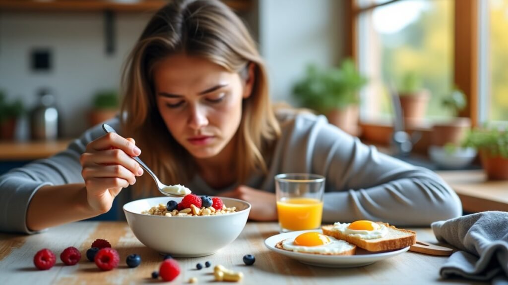 A bright breakfast table shows a protein-rich bowl and a tired person perking up after the first bite.