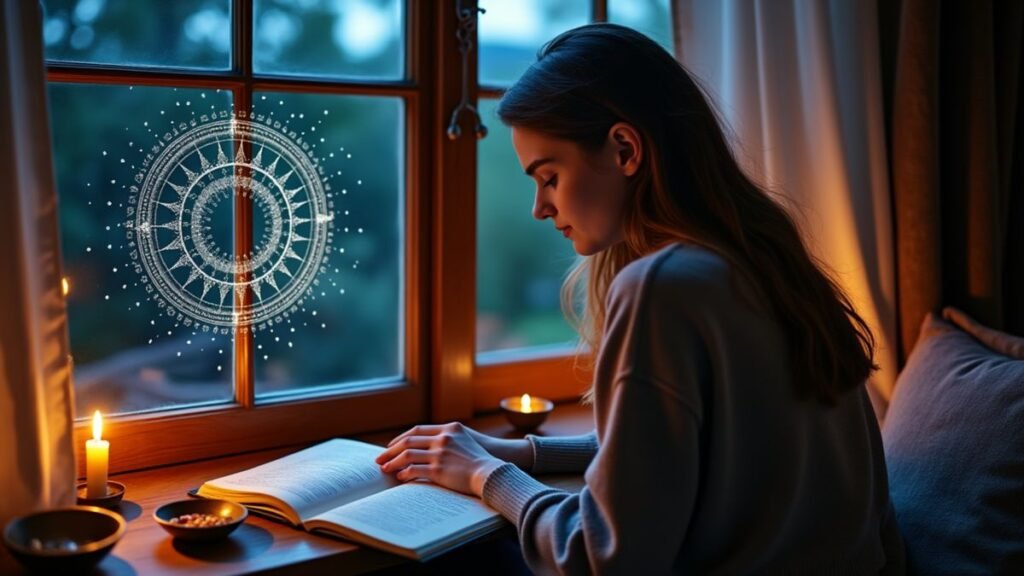 A person sits quietly as an abstract circular star pattern glows across their hands and wall.