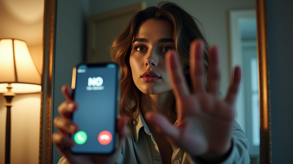 A person mouths “no” to their reflection with a calm stop-hand gesture