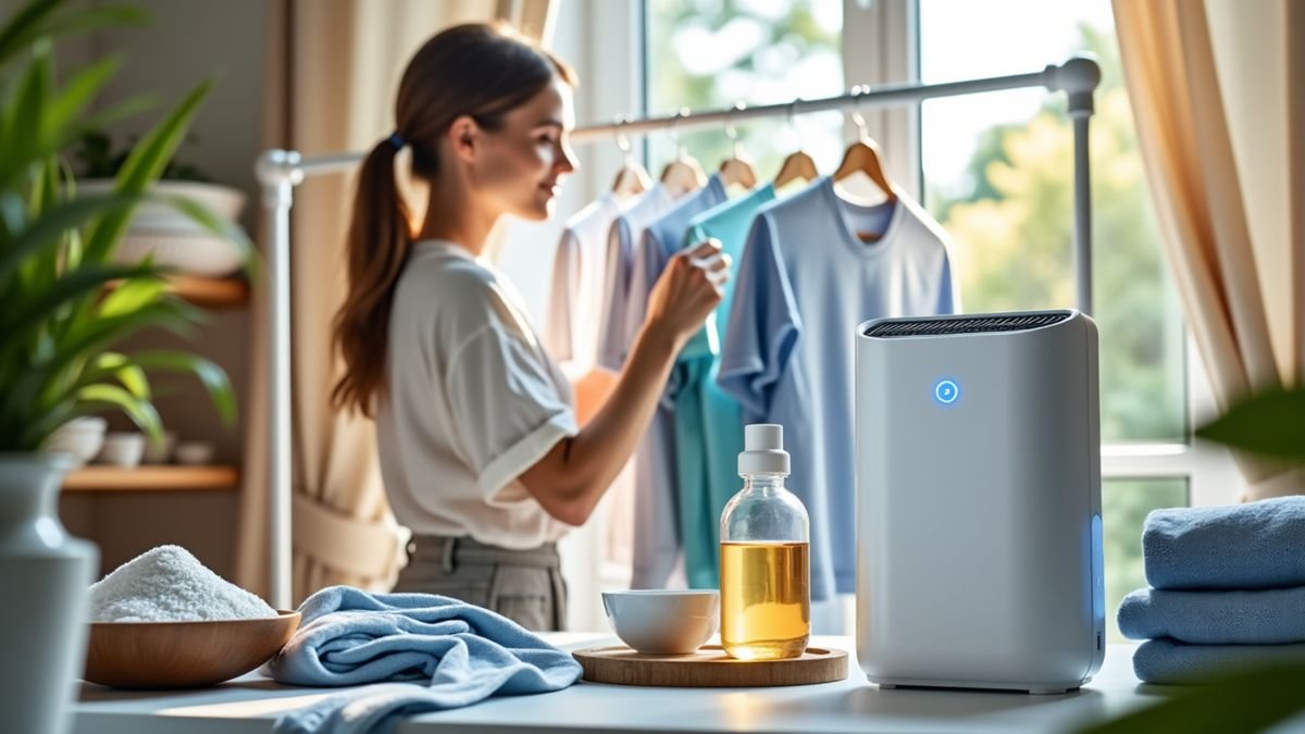 Fresh laundry hangs to dry near a small dehumidifier while a person smiles at a clean, airy room.