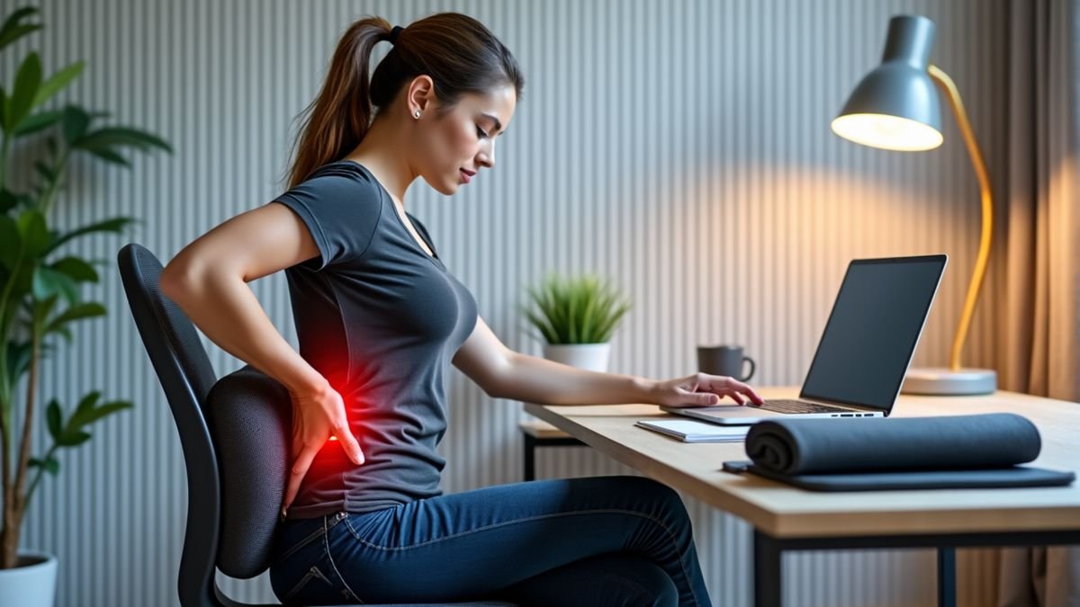 A person slouches at a laptop and touches their lower back as a support cushion sits nearby