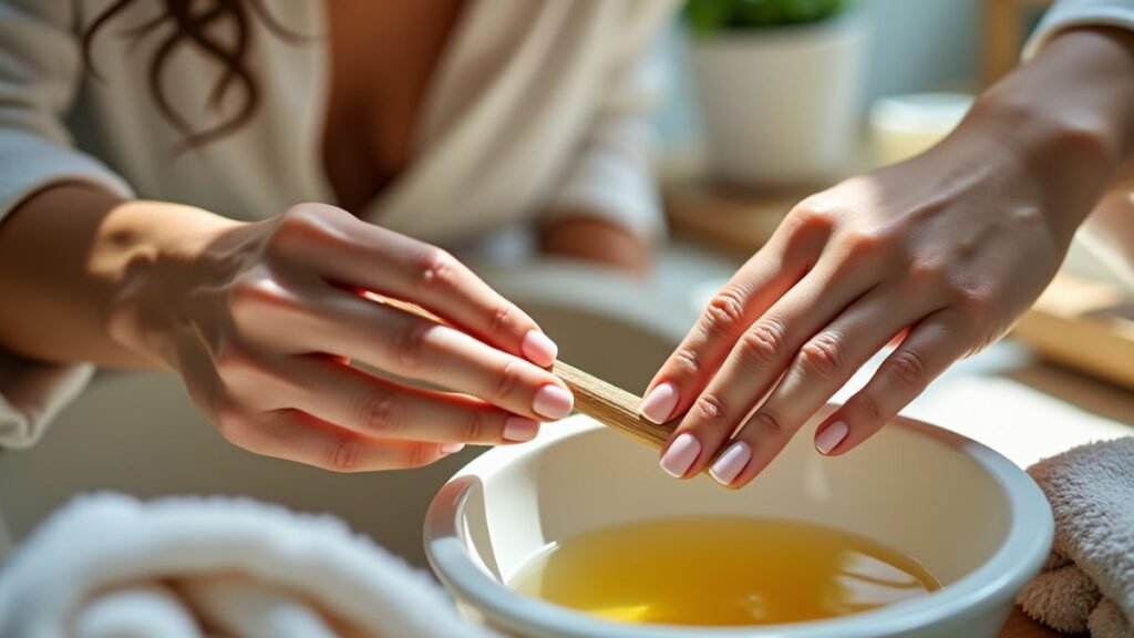 Hands gently soften cuticles at a vanity with warm water, oil, and a towel.
